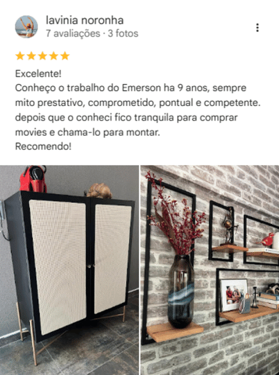 Avaliação de Lavinia Noronha no Google, cinco estrelas: conhece o trabalho do Emerson há 9 anos e destaca que ele é prestativo, comprometido, pontual e competente. Inclui fotos de armário e prateleiras.